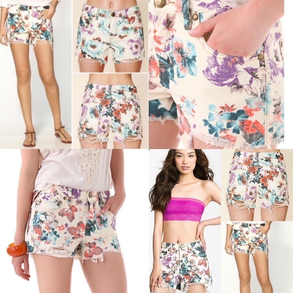 Free People Floral Distressed Raw Hem Denim Shorts 100% Cotton SIZE 28